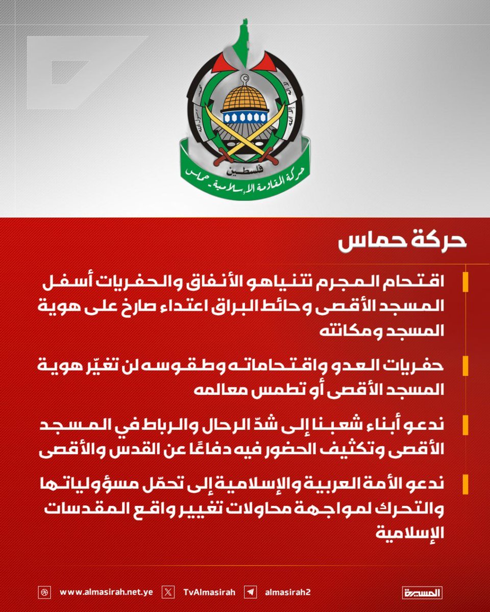 Nasr_Amer1's tweet photo. حركة حماس:

- اقتحام المجرم نتنياهو الأنفاق والحفريات أسفل المسجد الأقصى وحائط البراق اعتداء صارخ على هوية المسجد ومكانته

- حفريات العدو واقتحاماته وطقوسه لن تغيّر هوية المسجد الأقصى أو تطمس معالمه

- محاولات العدو فرض وقائع جديدة في القدس والأقصى لن تمنحه أي حق في مقدساتنا

- ندعو أبناء شعبنا إلى شدّ الرحال والرباط في المسجد الأقصى وتكثيف الحضور فيه دفاعًا عن القدس والأقصى

- ندعو الأمة العربية والإسلامية إلى تحمّل مسؤولياتها والتحرك لمواجهة محاولات تغيير واقع المقدسات الإسلامية