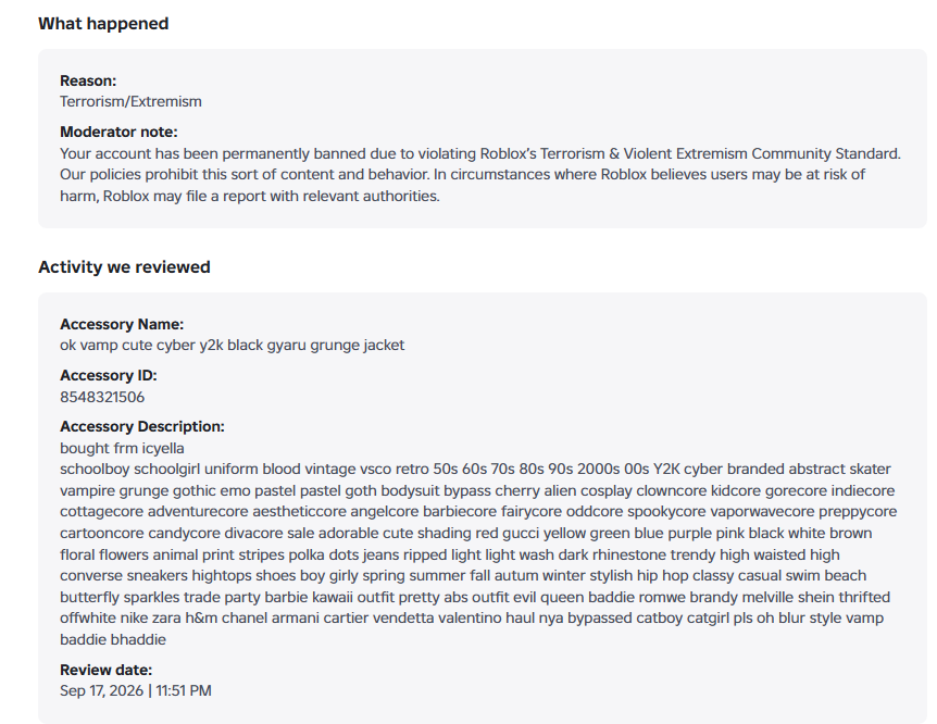 TetraAquenzy's tweet photo. ive been falsely banned on roblox for the clothing names and descriptions of my 2d clothing uploaded back in 2021-2022 on an alt account. roblox was my job and only icome, this is really unfair. i keep getting automated roblox appeal denials. @SharkBloxYT @Roblox @KreekCraft https://t.co/A7d1bekja2