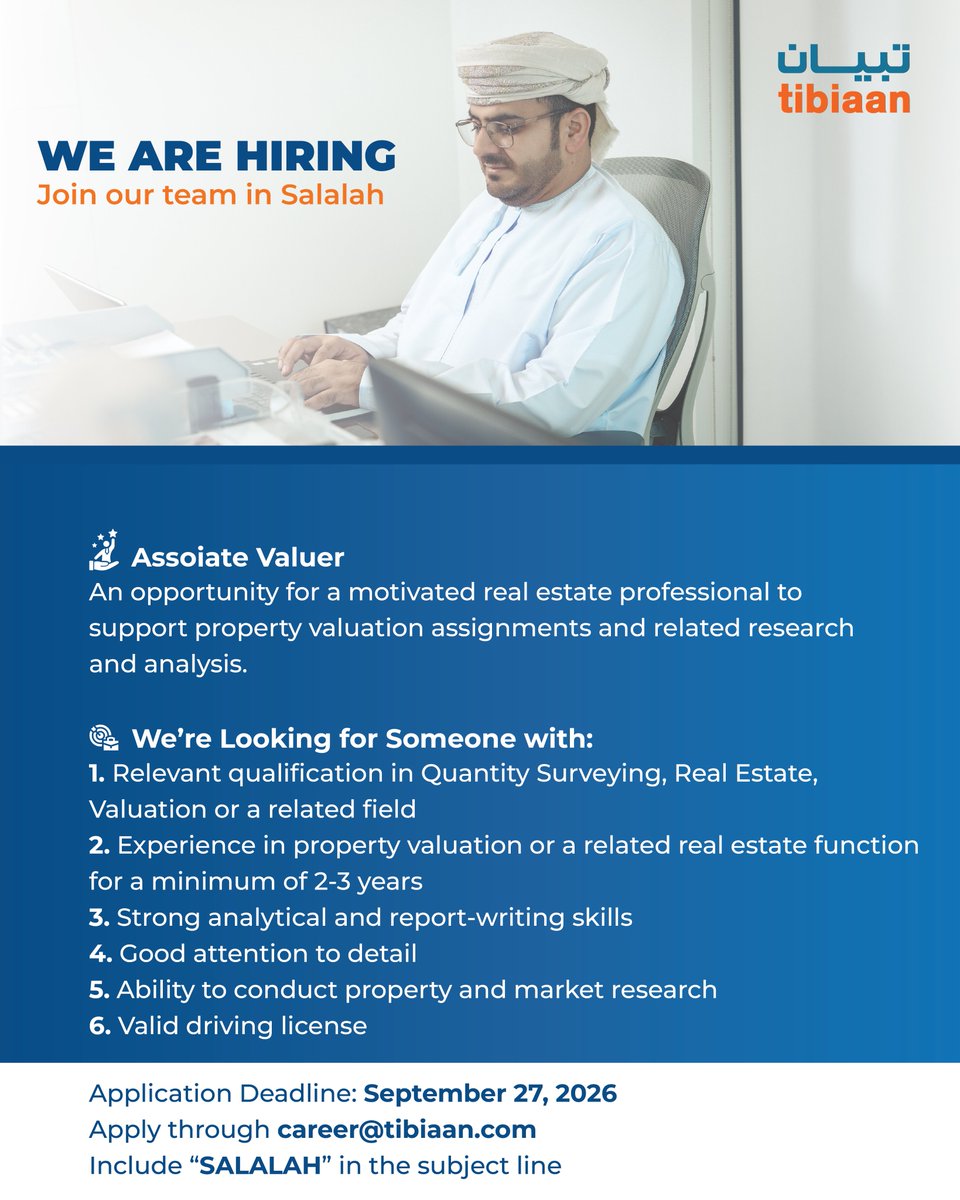tibiaan's tweet photo. We are hiring in Salalah!

Join the Tibiaan family and take the next step in your real estate career as we expand our team in Dhofar.

📅 Application Deadline: September 27, 2026
📩 How to Apply: Send your CV to career@tibiaan.com with "SALALAH" in the subject line. https://t.co/dFpmTiYm3o