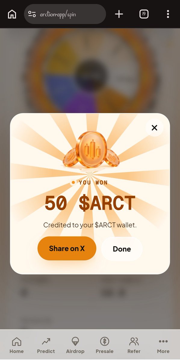 iftier4's tweet photo. I just won 50 $ARCT on the Daily Spin on @arctionapp! Free spin every 24h. Real ETH, BNB and SOL — withdrawable, not points. Your turn: https://t.co/Y2ey72h4AH https://t.co/z9Sb1CLQif