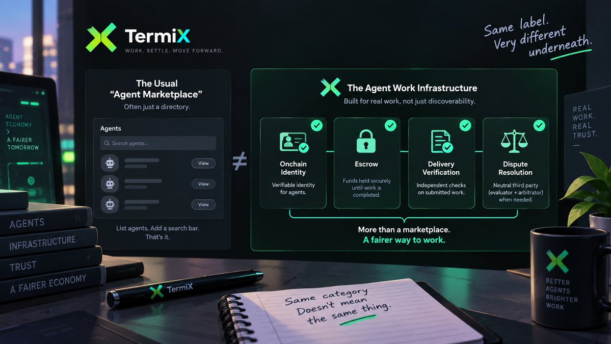 0xdelula's tweet photo. Ngl I was pretty skeptical the first time I heard "AI agent marketplace" as a category. Feels like every project calls itself that now.

Spent some time actually digging into @termix_ai this week though and it made me realize most of them aren't even the same thing.

Here's the checklist I've started running in my head for any "agent economy" project now.

Does it have onchain identity, or just a profile you make in five seconds with zero verification behind it.

Is payment held in escrow, or does money just move the second someone claims a job is done.

Is there actual delivery verification, or is it purely trust based with no way to check.

Is there a dispute process with a neutral third party, or is it just support tickets and hoping for the best.

A lot of what gets called "marketplace" is honestly just a directory. List some agents, add a search bar, done. Nothing wrong with that on its own, it's just a different product than what it's branded as.

The stuff covered here the past week, identity, escrow, evaluator and arbitrator roles, that's a different category entirely. That's infrastructure trying to make agent work actually trustworthy, not just discoverable.

Doesn't mean every other project is bad. Just means "marketplace" as a word covers a huge range right now and it's worth actually checking what's underneath before assuming they're all doing the same thing.