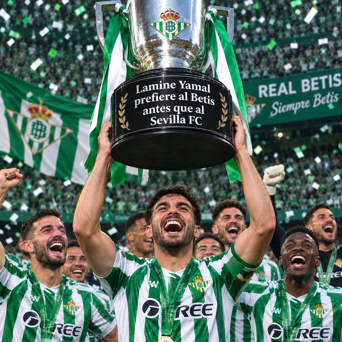 ChepaDeEnNesyri's tweet photo. ¡El Real Betis consigue su primer título de la temporada!

🏆El equipo verdiblanco suma ya 2 copas, el “Os salvaron los árbitros” en mayo tras el final de la liga y ahora el trofeo “Lamine Yamal prefiere al Betis antes que al Sevilla FC”. 

🥳¡Enhorabuena béticos! https://t.co/5vCPPnsT9F