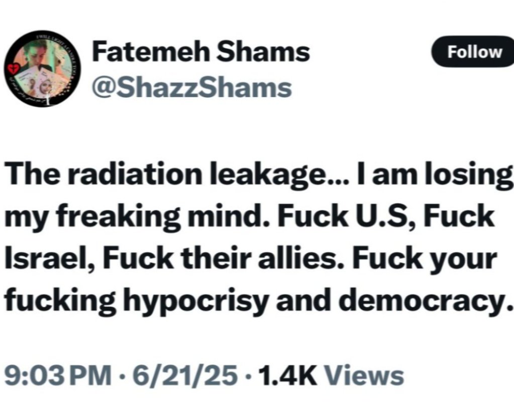 NizNellie3's tweet photo. 🚨 My fellow Americans, 

Do you enjoy funding foreign professors from Iran who tweet "F*ck U.S., F*ck Israel, F*ck their allies, F*ck your f*cking hypocrisy and democracy" on social media?

No? Well, our Department of Education does.

Mike Johnson's Republican-led House handed the DoE $79 BILLION in taxpayer dollars in January.

Our Department of Education shoved $1.3 BILLION into UPenn's sweaty hands this year. 

Not million. BILLION. $1.3 BILLION.

Professor Fatemeh Shams is a big mouth from IRAN. She refers to herself as a "refugee," and arrived on our soil in 2017.  I have no concrete evidence she's been given citizenship.

The minute America's war with the Iranian regime began last summer, she rage-tweeted, "F*ck U.S., F*ck Israel, F*ck their allies, F*ck your f*cking hypocrisy and democracy."    

This is a foreign professor publicly screeching, "F*CK the United States," as our military fights an enemy that has been killing Americans since 1979.  

She's still employed, still unleashed on students. 

She has a lengthy history of terror-support and justifying Palestinian "resistance."

"As long as the Netanyahu regime exists, Hamas has a right to exist. If you’re a Jewish college student who supports Israel, please DM me. You’ve been brainwashed."

And just so we're all clear, our Department of Education knows about this and hasn't done a damn thing. Neither has our State Department.

This is what you're being fleeced for, America. We're funding this garbage.

@EDSecMcMahon 
@USCISJoe 
@USCIS