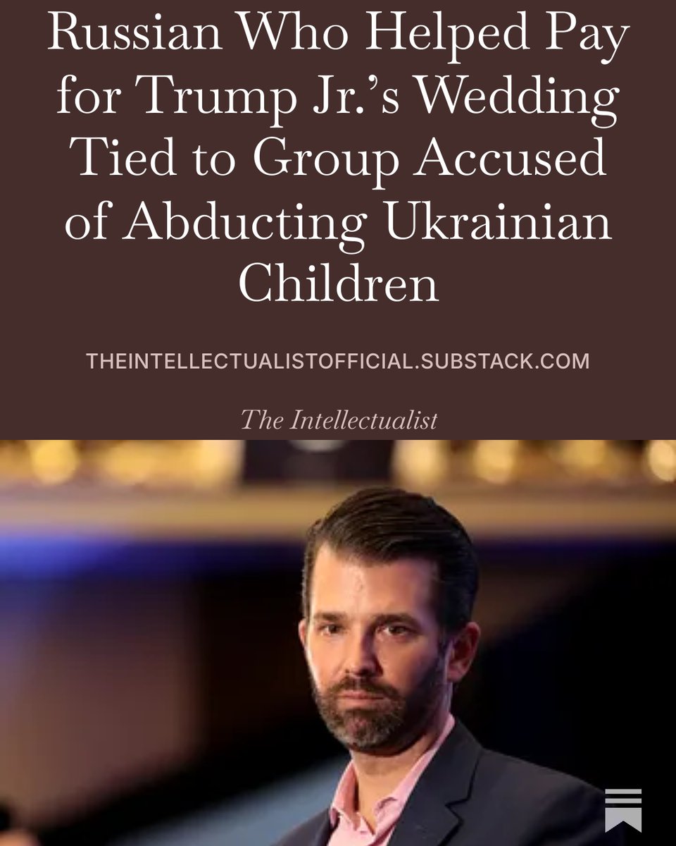highbrow_nobrow's tweet photo. Russian Who Helped Pay for Trump Jr.’s Wedding Tied to Group Accused of Abducting Ukrainian Children

Umar Kremlev, who helped pay for Trump Jr.’s wedding, is tied to a group accused of abducting Ukrainian children and was honored by Vladimir Putin a month before the wedding.

https://t.co/wHtBwIqPk6