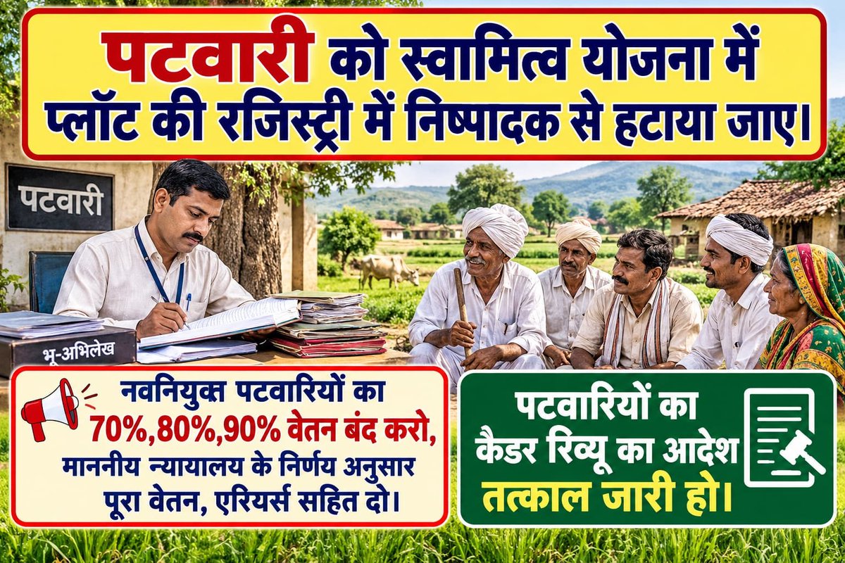 ROHITPR9427049's tweet photo. पटवारीको स्वामित्व रजिस्ट्री।में निष्पादककी भूमिका से हटाया जाए 
नवनियुक्त पटवारियों को किश्तो में वेतन देना बंद करो , न्यायालय के आदेश का पालन करो ,केडर रिव्यू लागू करो@drmohanyadav51 @MPTakOfficial @mpnewstv @MPNewsTodayLive @IndianExpress
@abplive @akanshathakur7 
#swamitvmp https://t.co/485vSV3gmh