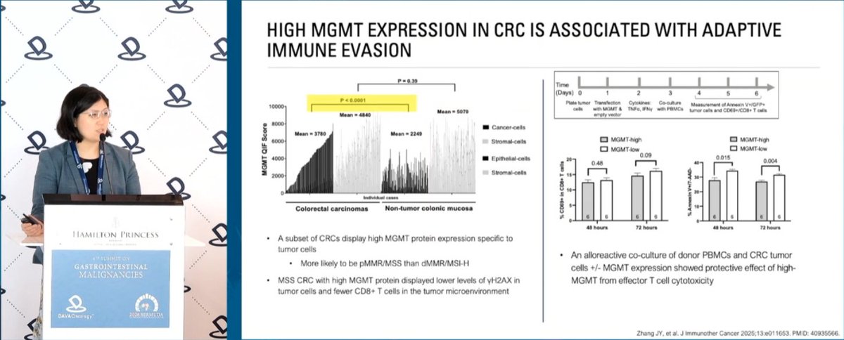 DAVAOnc's tweet photo. At #DAVAGI, Dr. @JanieYZhang @PittDeptofMed reviews MGMT in CRC, highlighting discordance between promoter methylation and protein expression, immune-evasive features of MGMT-high tumors, lower 3-year DFS, and the MGMT–Wnt/β-catenin link. https://t.co/eYW4HkS8P8