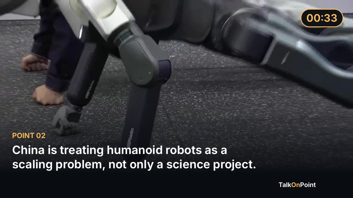 TalkOnPointApp's tweet photo. China is treating humanoid robots as a scaling problem, not only a science project.

The analysis frames China’s robotics strategy around a familiar industrial logic: build quickly, deploy in real environments, collect experience and use scale to improve affordability. The comparison with electric vehicles is presented as an analogy, not as evidence that humanoids will inevitably follow the same curve.

At WRC 2026, robots were shown in roles connected to factories, public spaces, services and infrastructure. That range is significant. A machine designed for a real task faces different demands from one built only to perform a polished stage routine: repeated operation, interaction with people and the economics of maintaining it.

Mass production could create a feedback loop. More units would provide more opportunities to identify weaknesses in movement, perception and human interaction. Better field performance could make additional deployments more practical. The analysis argues that this process may move humanoids from experimental technology toward a mass-market industry.

But the proposed path has conditions. Complex movement must remain reliable, production must scale economically, and regulatory or social resistance must not block deployment. The supplied evidence also leaves open how these systems perform over time and in the full complexity of everyday settings.

So the central claim is not simply that China has impressive robots. It is that the country is trying to connect research, manufacturing and use cases into one industrial system. Whether that system produces widespread adoption remains an open question.

Can manufacturing scale overcome the reliability and social hurdles that demonstrations do not resolve?

https://t.co/KJTqqbRzwf

#China #WRC2026 #RoboticsCompanies