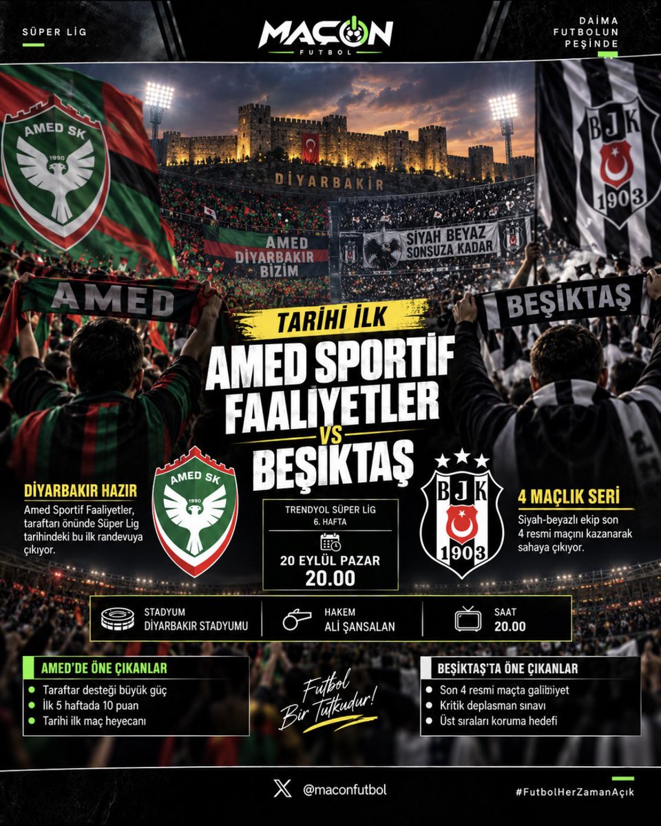 maconfutbol's tweet photo. ⚫⚪ Tarihi gece: Amed Sportif Faaliyetler ile Beşiktaş Süper Lig’de ilk kez karşılaşıyor. Beşiktaş son 4 resmi maçını kazandı; Diyarbakır ekibi ise 5 haftada 10 puan topladı. 🟢 Futbol Her Zaman Açık. | MaçOn #Beşiktaş #Amed https://t.co/NFrgGJlmaF
