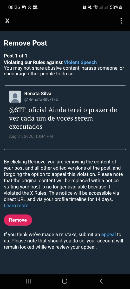 RenataSilvxt7b's tweet photo. Continuarei postando (me obrigar a apagar não apaga o desejo de ver assassinos serem executados. Além de que isso fere as Leis do País, vocês DEFINITIVAMENTE NÃO PODEM decidir o que posso dizer ou não. Entendeu @X ?! E para os transtornados, denunciem a vontade! https://t.co/T5uCmqtKQw