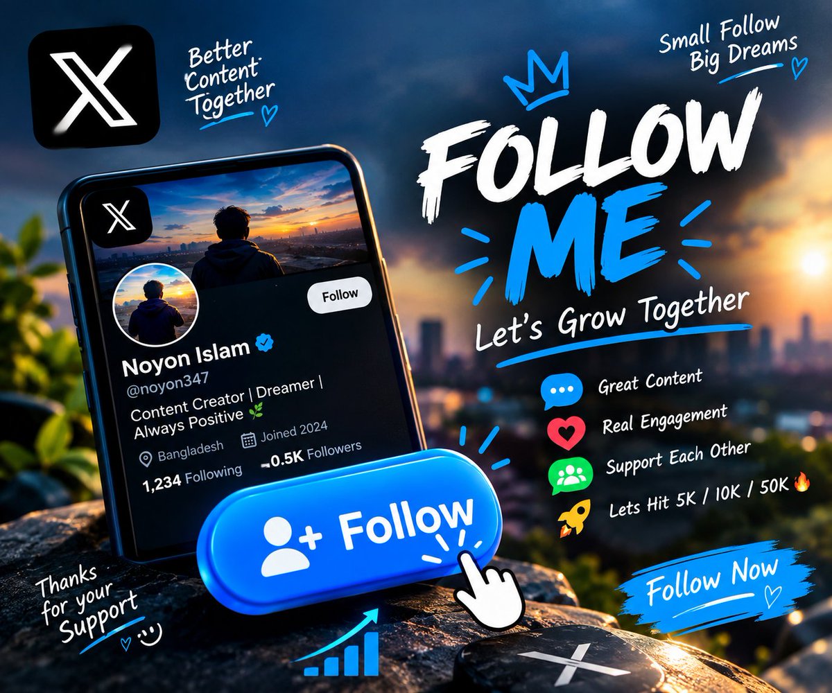 noyon347's tweet photo. Let’s grow together on X! 💙

A simple follow can turn into a great connection. 🤝
Follow me @noyon347 and I’ll be happy to connect, engage &amp; support each other. ❤️

Let’s build a strong community together! 🔥 https://t.co/0pGSQEJKlz
