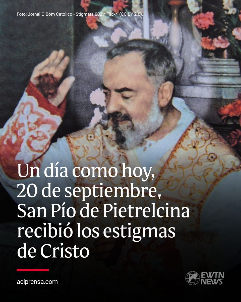aciprensa's tweet photo. El 20 de septiembre de 1918, San Pío de Pietrelcina recibió los estigmas de Cristo. Tres años más tarde relató que, después de celebrar la Misa y dar gracias en el coro, contempló a Jesús en actitud de crucificado, dolorido por la falta de correspondencia de los hombres.  

El santo afirmó que sintió compasión por los sufrimientos del Señor y escuchó estas palabras: “Te asocio a mi Pasión”. Tras desaparecer la visión, descubrió en su cuerpo las llagas de las que brotaba sangre. El testimonio fue recogido durante una investigación del Santo Oficio en 1921.  

Mons. Carlo Raffaele Rossi examinó las heridas y concluyó que no eran fraude, engaño ni sugestión. San Pío vivió esta experiencia como una llamada a unirse a la Pasión de Cristo y a ofrecerse por la salvación de los demás, en una vida marcada por la oración, la Misa y la confesión.  

Lee la noticia completa: 
👉 https://t.co/WyZXV0Y6vX