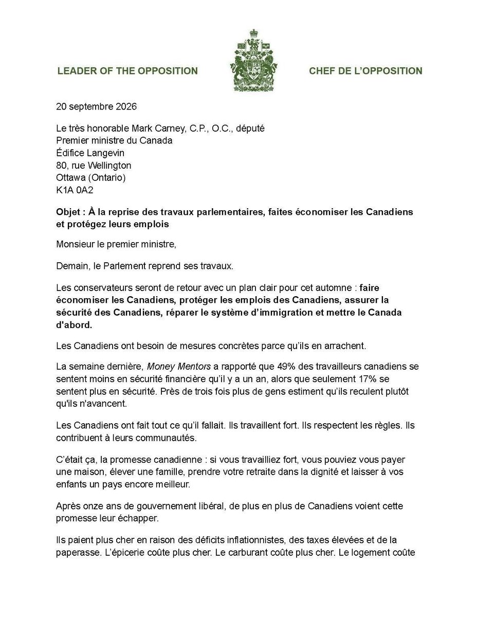 PierrePoilievre's tweet photo. Les libéraux sont déconnectés de la réalité.

Les Canadiens n'ont plus d’argent.

Cette session d'automne doit être consacrée aux résultats, pas aux discours, pour vous faire économiser de l'argent, protéger votre emploi, assurer votre sécurité, réparer l'immigration et mettre notre pays d’abord.