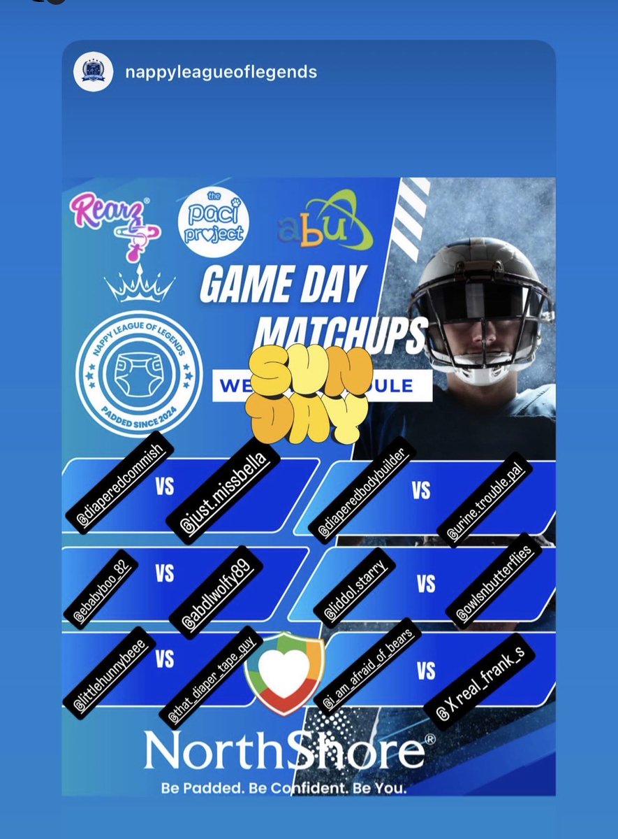 NLLffofficial's tweet photo. Who’s ready for week 2 matchups?! The top 2 teams are going at it today with hunnybee and that diaper tape guy. S/O our sponsors @NorthShoreCare @ABUDiapers @RearzInc &amp; The 
PaciShop on IG https://t.co/F0U9hgA8Fy