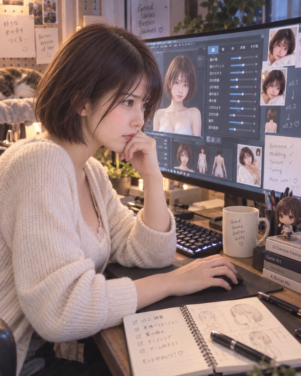 Project_Rio26's tweet photo. Today’s Project Rio dev log 🧪

Worked more on turning Rio into a HoneyCome character today.
Face/body tuning, more training data, and lots of tiny adjustments.
Had Rio help with the dev log this time.

#HoneyCome #AICharacter #ProjectRio https://t.co/BL7uFXBqcj