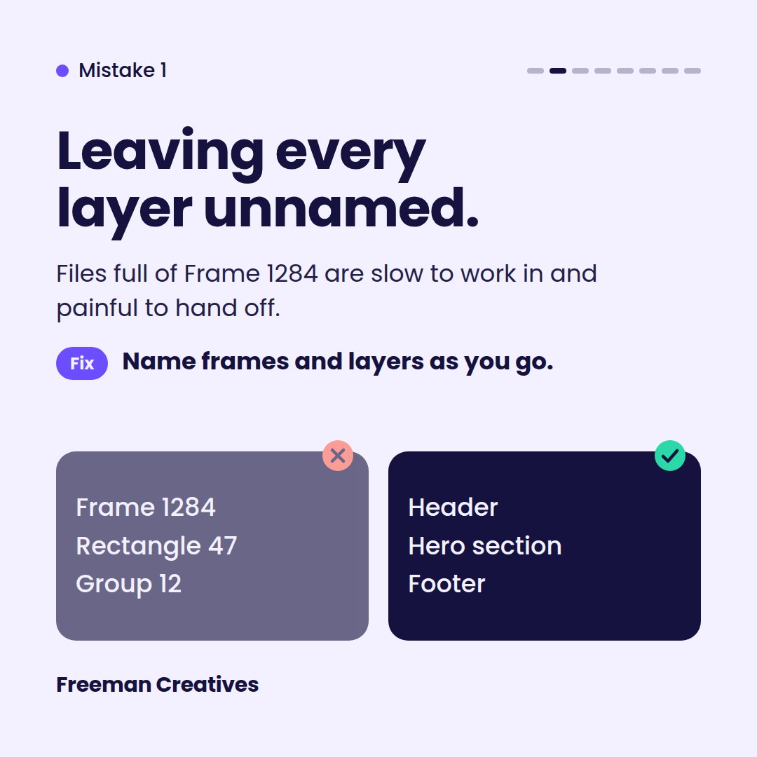 Patrick11235770's tweet photo. "Are you making these 6 Figma mistakes? Swipe through to see the fixes, and save this for your next project. 🎯 #Figma #UIDesign #DesignTips #BeginnerDesigners #ProductDesign" https://t.co/V8ZQmKAWqt