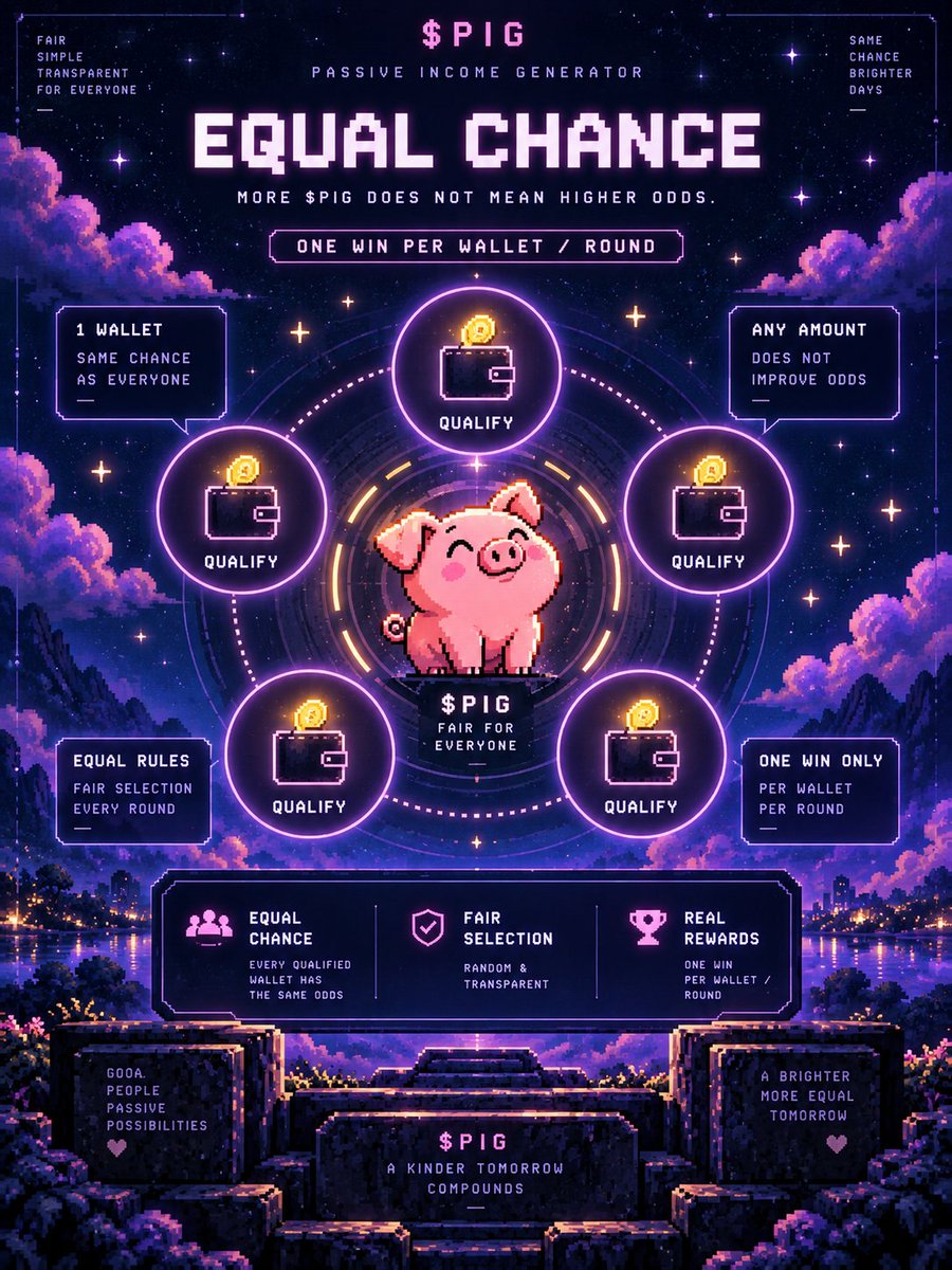 pigcoin_fun's tweet photo. Holding More In One Wallet Does Not Buy Better Odds. 🎯

For $PIG, Every Qualifying Wallet Is Planned To Enter The Same Random Draw With One Equal Chance Per Round, Keeping The Reward Logic Simple And Transparent.

The Piggy Bank Plays Fair. https://t.co/sg4aAA8X5r