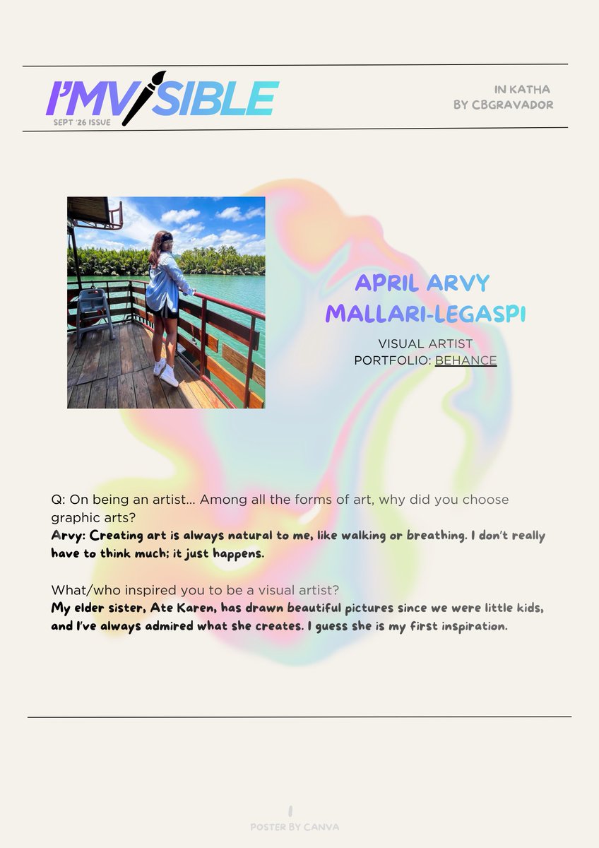 CBGravador's tweet photo. I'mvisible is the visual artist, April Arvy Mallari-Legaspi!
Sept. '26 Issue

Bahance Portfolio: https://t.co/txBG2xITo2

Katha-ing more visibility for Filipino artists
Kindly like and share. ^^

Thank you, Ma'am Arvs! ❤️
#art #artist #digitalcreator https://t.co/jmCre3ozbN