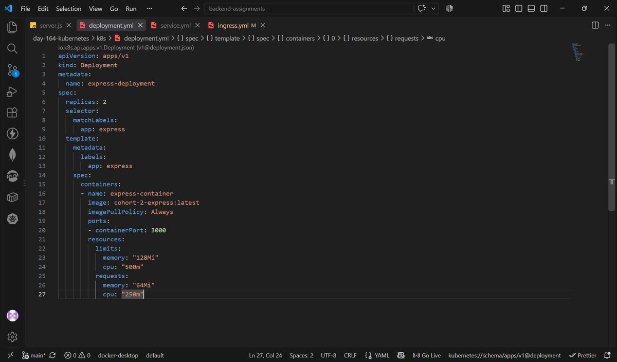 ritik_kumar22's tweet photo. Log 164 - understanding Kubernetes

Learned how Pods, Deployments, Services &amp; Ingress work together.

Built a Dockerized server and deployed it locally using Kubernetes manifests.

Docker Image → Deployment → Service → Ingress → App

Orchestration makes containers manageable. https://t.co/OjynCtnLMU