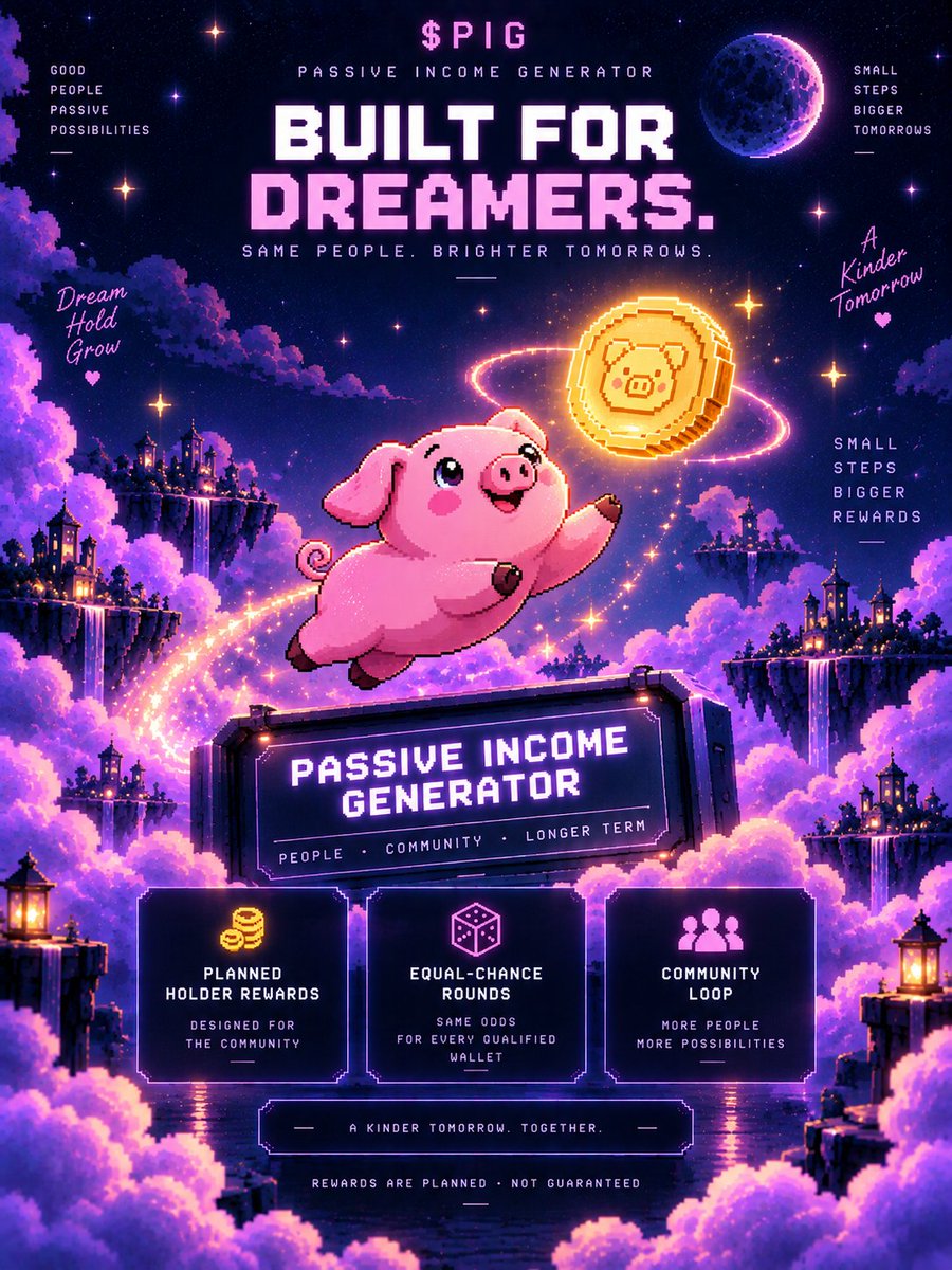pigcoin_fun's tweet photo. Passive Income Generator Started As A Financial Phrase. $PIG Turned It Into A Pixel Piggy-Bank Identity. 🐷🌙

The Brand Now Centers On Planned Random Holder Rewards, Simple Qualification, And A Solana-First Community Loop.

Built For Dreamers. #PIG #Solana #Web3 #Community https://t.co/j8tm9whc5h
