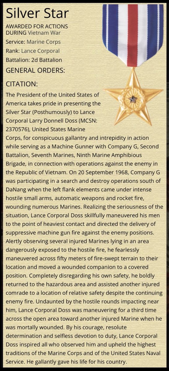 KoreyG80's tweet photo. Tennessee Marine Lance Corporal Larry Donnell Doss was killed in action on September 20, 1968 in South Vietnam. For his extraordinary heroism and bravery that day, Larry was awarded the Silver Star. Larry Doss was a Beast at 19 Remember him today. Warrior. #American Hero.🎖️🇺🇸 https://t.co/u55DuxWbnx