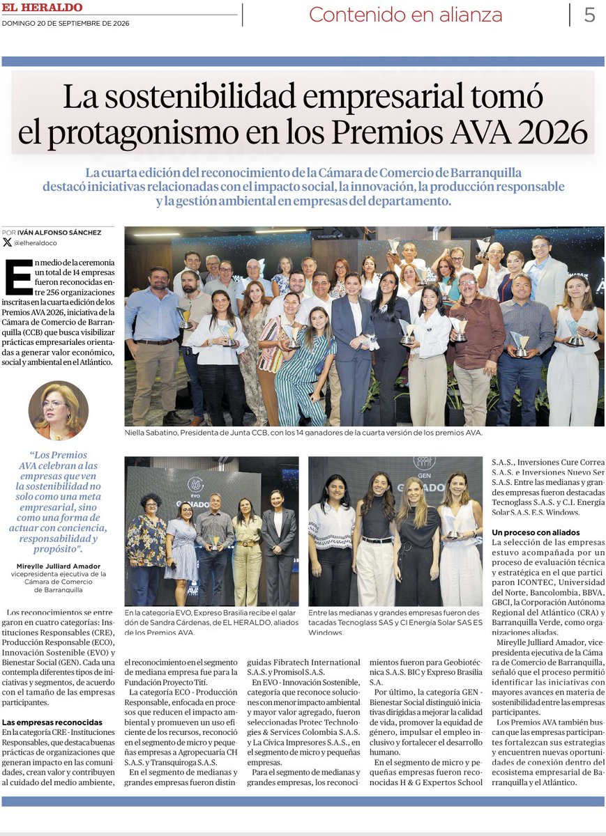 Camarabaq's tweet photo. #SomosNoticia  📰 Con la exaltación de los 1️⃣4️⃣ ganadores de nuestros Premios a la sostenibilidad AVA, en @elheraldoco 

Lee la nota completa https://t.co/JCpQfsDn7e
