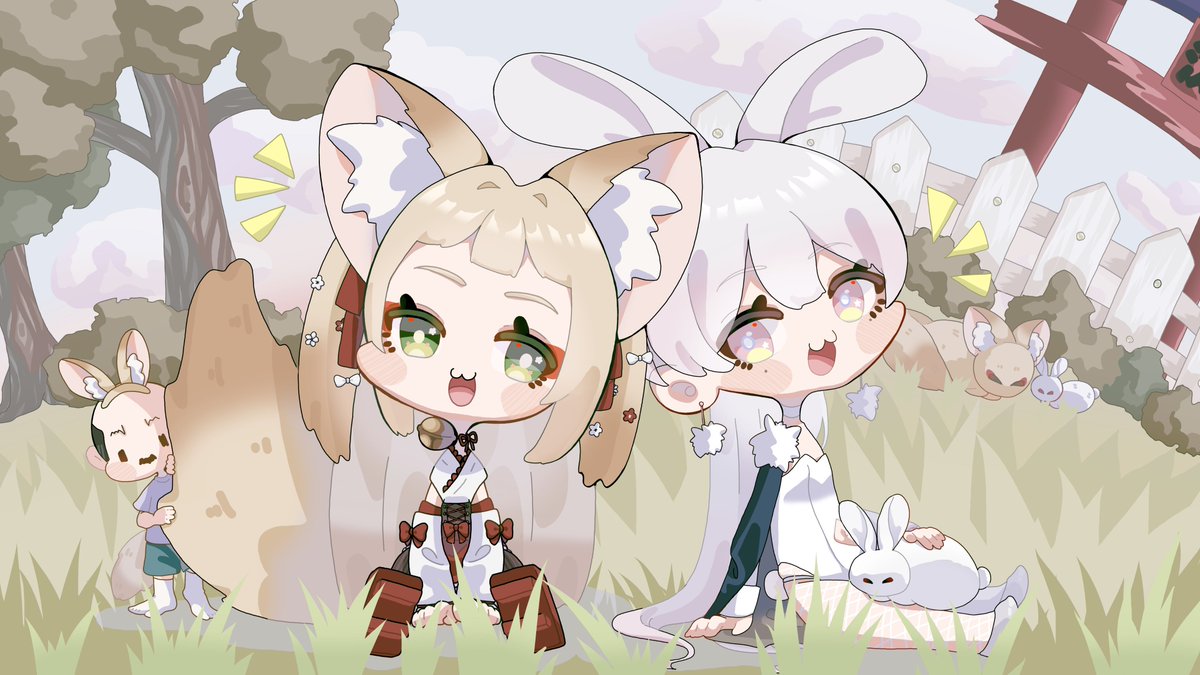 dopyu_45's tweet photo. お友達の白兎るるちゃん @ruru_hakuto　とのペア画できた！
背景初めてちゃんと書いたけど可愛くできたー！ https://t.co/fePmNY7cPK