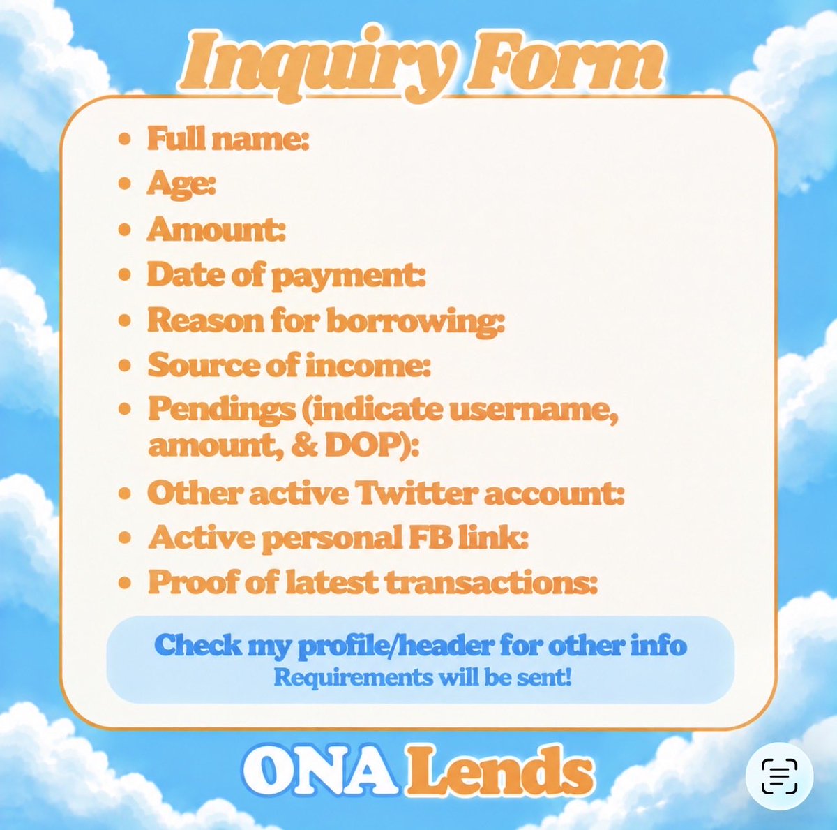 ona_lends's tweet photo. pautang service: OPEN funds available
☁️send inquiry form
☁️0-2k to new; 0-3k sa may SOI
☁️1-7 days dop 
lying =pass; no inquiry form= ignored
t. payo utang loan pahiram lending lend debtor lender gcash payo borrow bns https://t.co/l43ZQBaw2H
