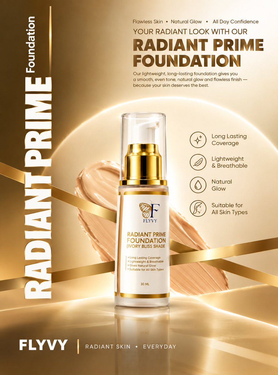 Flyvy07's tweet photo. ✨ Flawless look, natural glow! 🤎
Meet FLYVY Radiant Prime Foundation—lightweight, breathable & long-lasting for a smooth, radiant finish. 💄
💫 All Skin Types | 30 ML | Ivory Bliss
#FLYVY #Foundation #Makeup #NaturalGlow #BeautyCare https://t.co/HFozVKUWto