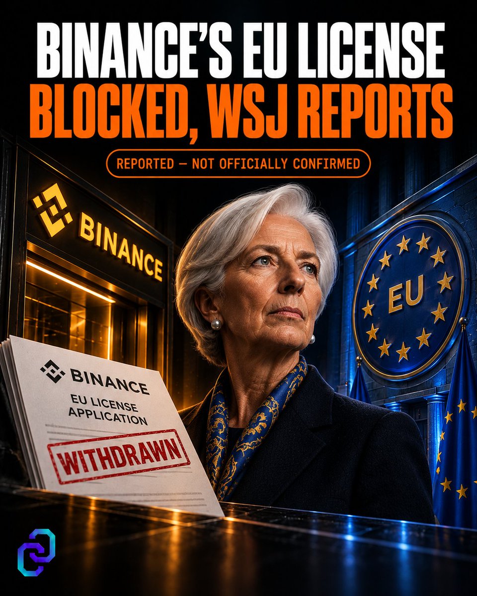 ChainReporterHQ's tweet photo. ECB President Christine Lagarde personally intervened to delay Binance’s EU-wide crypto license in Greece, The Wall Street Journal reports.#Binance #MiCA #CryptoRegulation https://t.co/hiewLwDE8b