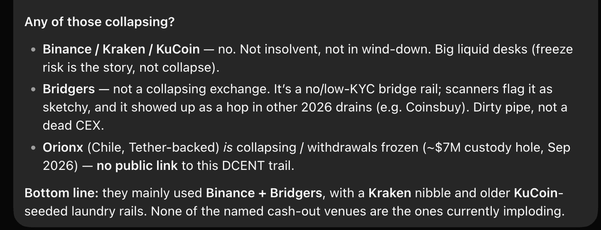 JennaXCrypto's tweet photo. 🚨So far, 1,552 DCENT XRPL Wallets have been drained. 

Go to the official site and follow their specific instructions. 

Don't click ANY customer support links if you use D'CENT.  @DCENTWALLETS 

📝From my intern, Lucky:

Full victim list is not public. 

DCENT only published criteria + in-app checker.

No CSV of all 1,552 drained XRPL wallets. No public BTC/ETH/TRON victim lists. @xrplto mapped the attack on-chain; victims = every Payment sender into the two collectors 16:29:50–18:34:42 UTC Sep 15, 2026 (~2,009,321 XRP). Reconstructable, not published.
