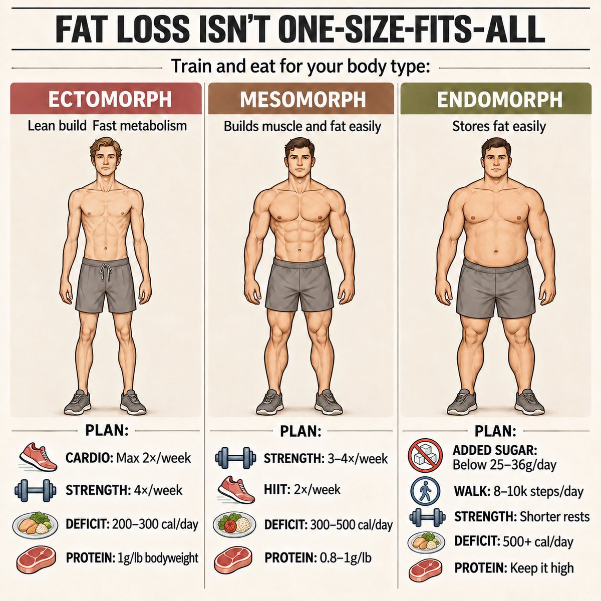 winstonzin's tweet photo. You can't lose fat because you're ignoring your body type.

1) Ectomorph (lean, fast metabolism):
→ Cardio max 2x/week
→ Strength train 4x/week
→ Small deficit of 200-300 cal/day
→ 1g of protein per lb of bodyweight

2) Mesomorph (gains muscle and fat equally easily):
→ Strength train 3-4x/week
→ Add 2 HIIT sessions/week
→ Deficit of 300-500 cal/day
→ Protein at 0.8-1g per lb of bodyweight

3) Endomorph (stores fat easily, slower metabolism):
→ Cut added sugar below 25-36g/day
→ Walk 8-10k steps daily
→ Strength train with shorter rest periods
→ Bigger deficit of 500+ cal/day

Same diet and same workout can fail one person and work for another just because they have a different body type.