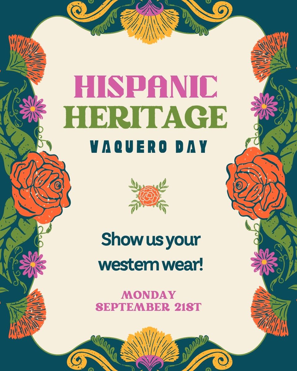 TeamRiverchase's tweet photo. Tomorrow, September 21st, we celebrate Hispanic Heritage Month! Dress up in your western Vaquero wear!

¡Mañana, 21 de septiembre, celebramos el Mes de la Herencia Hispana! ¡Vístete con tu atuendo vaquero! https://t.co/xyf50iXksa