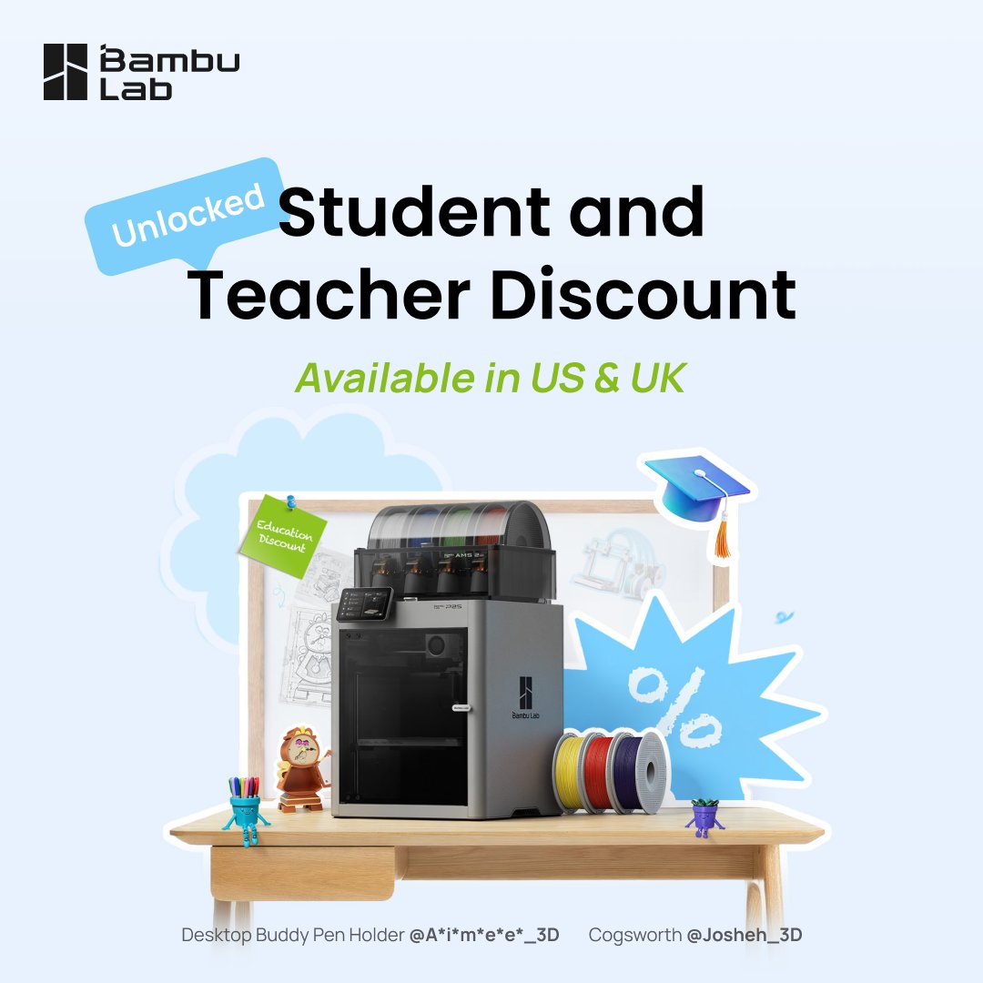 BambulabGlobal's tweet photo. If you're a student or teacher in the US or UK, this one's for you.

Enjoy 5–6% off select 3D printers and filaments at the Bambu Lab Official Store.

Verify with Student Beans, grab your code, and start making. ✨

US students and teachers: https://t.co/BiZSokvQta

UK students and teachers: https://t.co/LpSoR9YxDI

#BambuLab #3DPrinting #Students