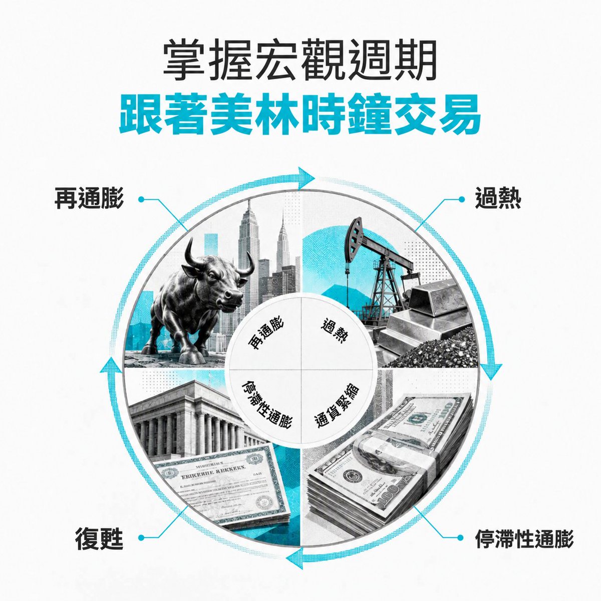 BitgetTC's tweet photo. 📈 美林投資時鐘｜掌握宏觀浪潮

四象限投資鐘，協助將不同市場環境對應至 Bitget TradFi 永續合約：
🔹 復甦： QQQ
🔹 過熱： 原油
🔹 停滯性通膨： 黃金
🔹 再通膨： QQQ 替代標的

✍️ 透過投資時鐘掌握值得關注的市場方向，再利用 TradFi 永續合約，全天候 24/7 交易你的宏觀觀點。🚀

📚 了解更多：
https://t.co/T7nM7UNiAT