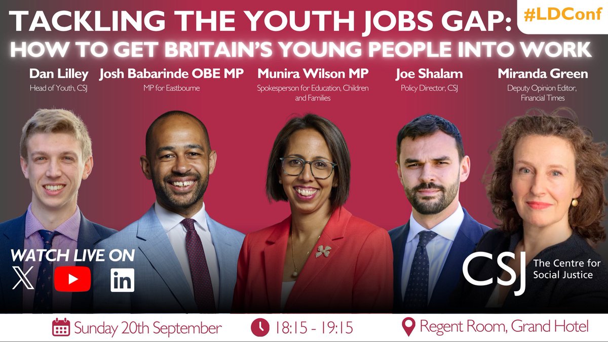 csjthinktank's tweet photo. #LDConf TONIGHT FROM 18:15.

Watch live here or come over to the Regent Room, Grand Hotel for a discussion on one of Britain’s biggest challenges: how to get Britain’s NEETs into work.

⭐️ing @munirawilson @JoshBabarinde @greenmiranda @JoeShalam @DanielJLilley https://t.co/6xLaDpQU0T