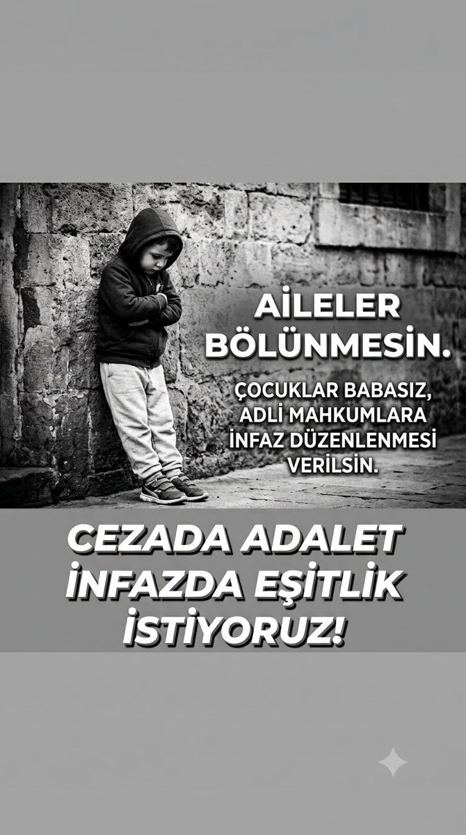 CumaliEda's tweet photo. @bulenttufenkci Adalet sadece ceza verirken değil, infaz uygulanırken de eşit olmalıdır.
​Bir çocuğun sarılmak istediği babasına kavuşması için adli mahkûmlara adil bir düzenleme yapılmalı, ailelerin mağduriyeti giderilmelidir.
​#AdliMahkumaEşitYasa
CEZADA ADALET İNFAZDA EŞİTLİK https://t.co/aaqiX1211P