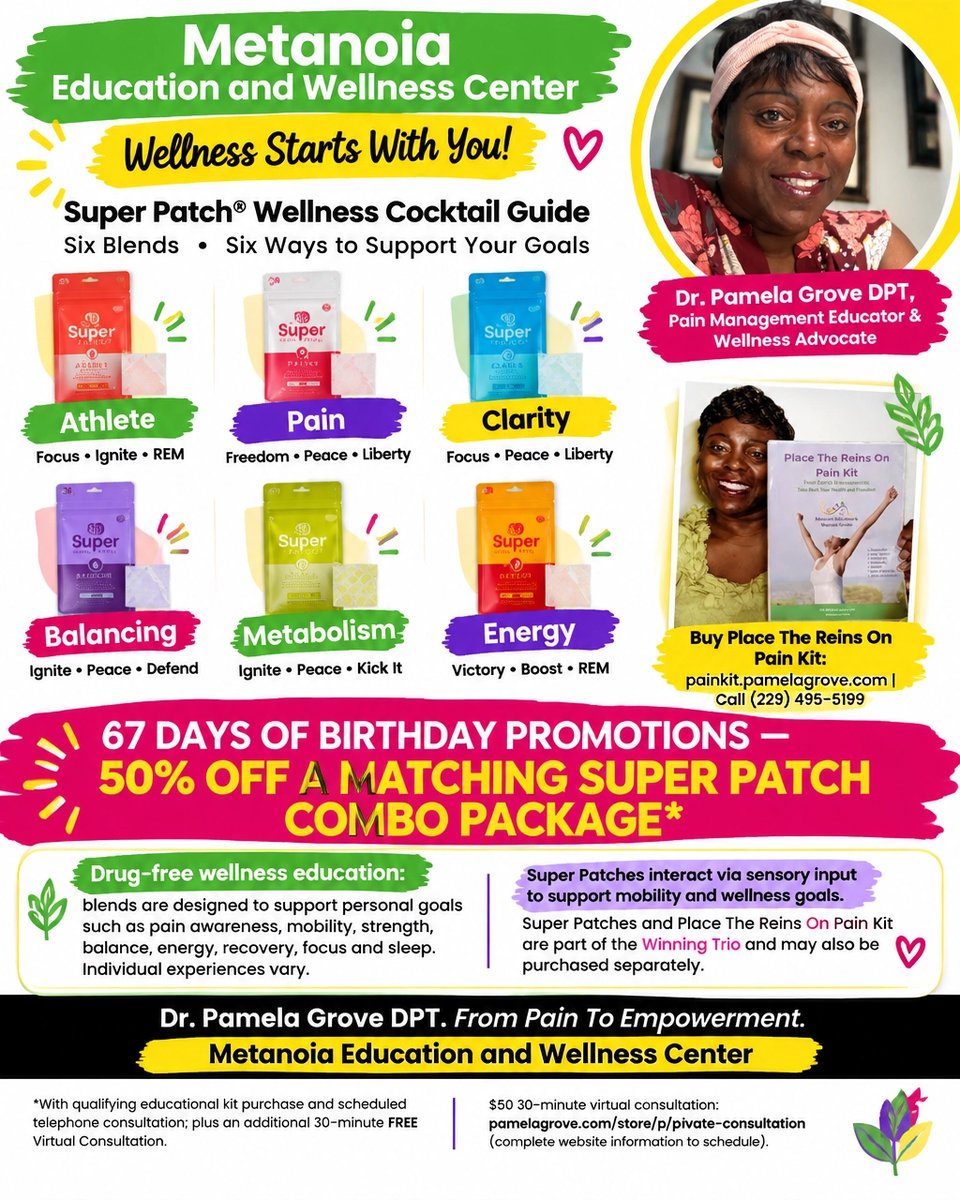DptPamelaG's tweet photo. Six blends support pain, mobility, strength, balance, energy, recovery &amp; sleep goals. Patches interact via sensory input. Kit: https://t.co/dgUJpmtvmM. Call (229) 495-5199 for 50% off a matching combo + FREE consult. #Pain https://t.co/MsRE51s46N