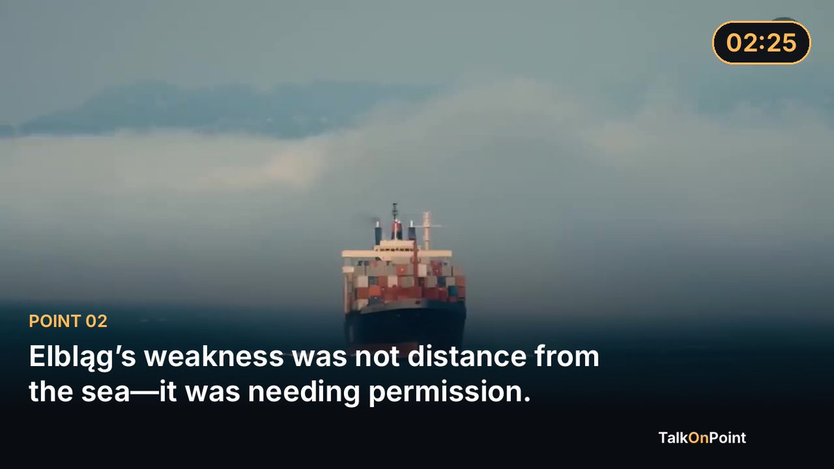TalkOnPointApp's tweet photo. Elbląg’s weakness was not distance from the sea—it was needing permission.

PPR Global’s analysis describes Elbląg’s problem as a political vulnerability created by geography. The port sits on the Vistula Lagoon, whose maritime access historically required passage through the Strait of Baltysk, under Russian control from Kaliningrad. Poland could reach the Baltic, but not entirely on its own terms.

The consequences were practical and strategic. According to the source, Russia imposed a complete passage ban between 2006 and 2010, leaving Elbląg without sea access for four years. After the ban was lifted, transit fees and bureaucratic delays continued to make the route uncertain and costly. A port’s viability could therefore be affected by decisions made outside Poland.

That is the mechanism behind the analysis’s argument about chokepoints. A country does not need to control an entire sea to exert influence. Control of one narrow connection can be enough if a neighbour has no workable alternative. The passage becomes a point where administrative decisions can affect trade, access and local economic activity.

Poland’s response was to build a canal through the Vistula Spit, linking the lagoon directly to the Baltic. The project was designed to remove the requirement for Russian approval. Its strategic purpose was thus broader than shortening a route: it aimed to ensure that ordinary maritime access could not be switched off by a foreign authority.

The case also shows why infrastructure decisions cannot always be judged only by short-term port economics. A route may be commercially limited yet strategically valuable if it prevents a critical dependency from becoming a pressure point. The unresolved question is how much that independence is worth compared with the project’s financial return.

Was Elbląg’s canal primarily a port investment—or an insurance policy against renewed coercion?

How should governments value infrastructure that protects access but may not maximize commercial returns?

https://t.co/fiCDql4hIH

#PPRGLOBAL