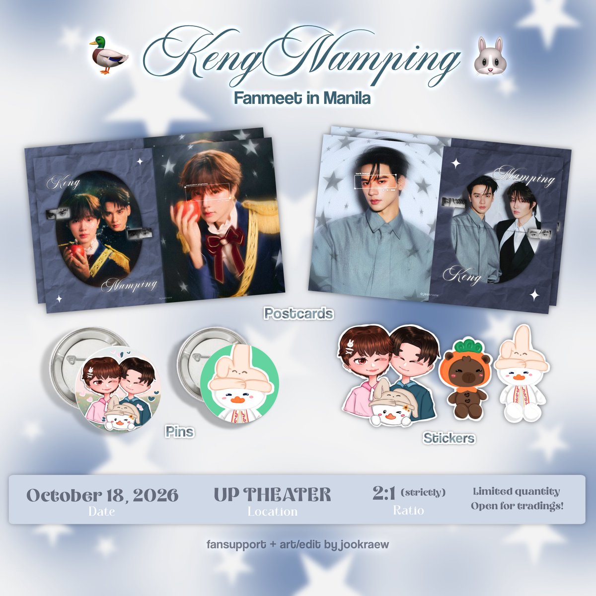 jookraew's tweet photo. KengNamping Fanmeet in Manila 🦆🐰 ⋆˙⟡
: fansupport + art/edit by @jookraew ˚˖𓍢ִ໋🩵˚

ᐢᐢ like &amp; rtw
ᐢᐢ 2:1 ratio
ᐢᐢ vv limited quantity 
ᐢᐢ open for tradings!

: will randomly giving freebies. see y’all, my co-ohohs! >< 🤍

𖥻 ׁ ׅ  #KengNampingFMinManila ! ﹒  ◡◡ https://t.co/JkQmHKzpjr