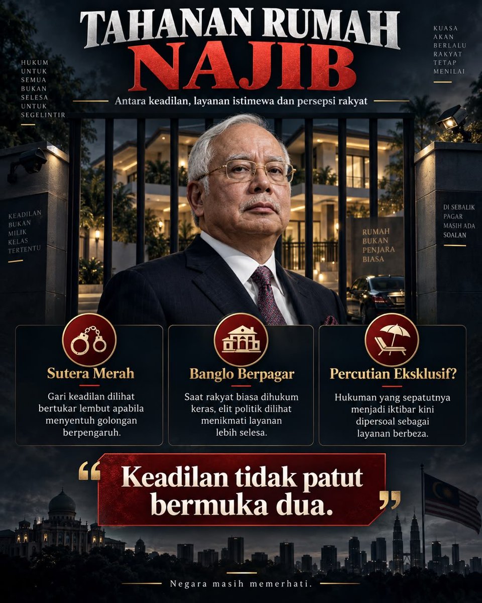 MFikrijamal's tweet photo. Penjara dulu bertembok. Kini ada versi berpagar banglo?

Kalau hukuman nampak terlalu eksklusif, rakyat tentu tertanya.

#TahananRumah #KeadilanUntukSemua #RakyatMenilai #fyp https://t.co/ivVUwpJwGY
