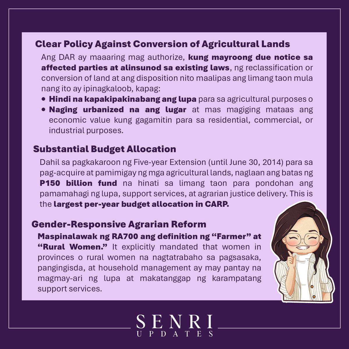 SenRiUpdates's tweet photo. #BatasNiSenRi
RA 9700 or Comprehensive Agrarian Reform Program Extension (CARPER)
Sen Risa was one of the principal authors of the CARPER Law when she was an Akbayan Party-list Representative in HOR.
On August 7, 2009, the measure was signed into law. https://t.co/UiIF2g0K8s