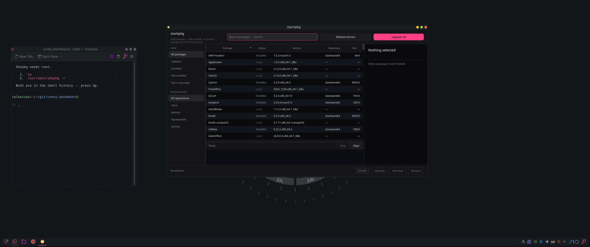 bot_unixporn's tweet photo. [KDE] Slackware with some Conky flex
Link: https://t.co/kMudlKt4Fd

#unixporn #linux #screenshot https://t.co/OwmKaBOL2g