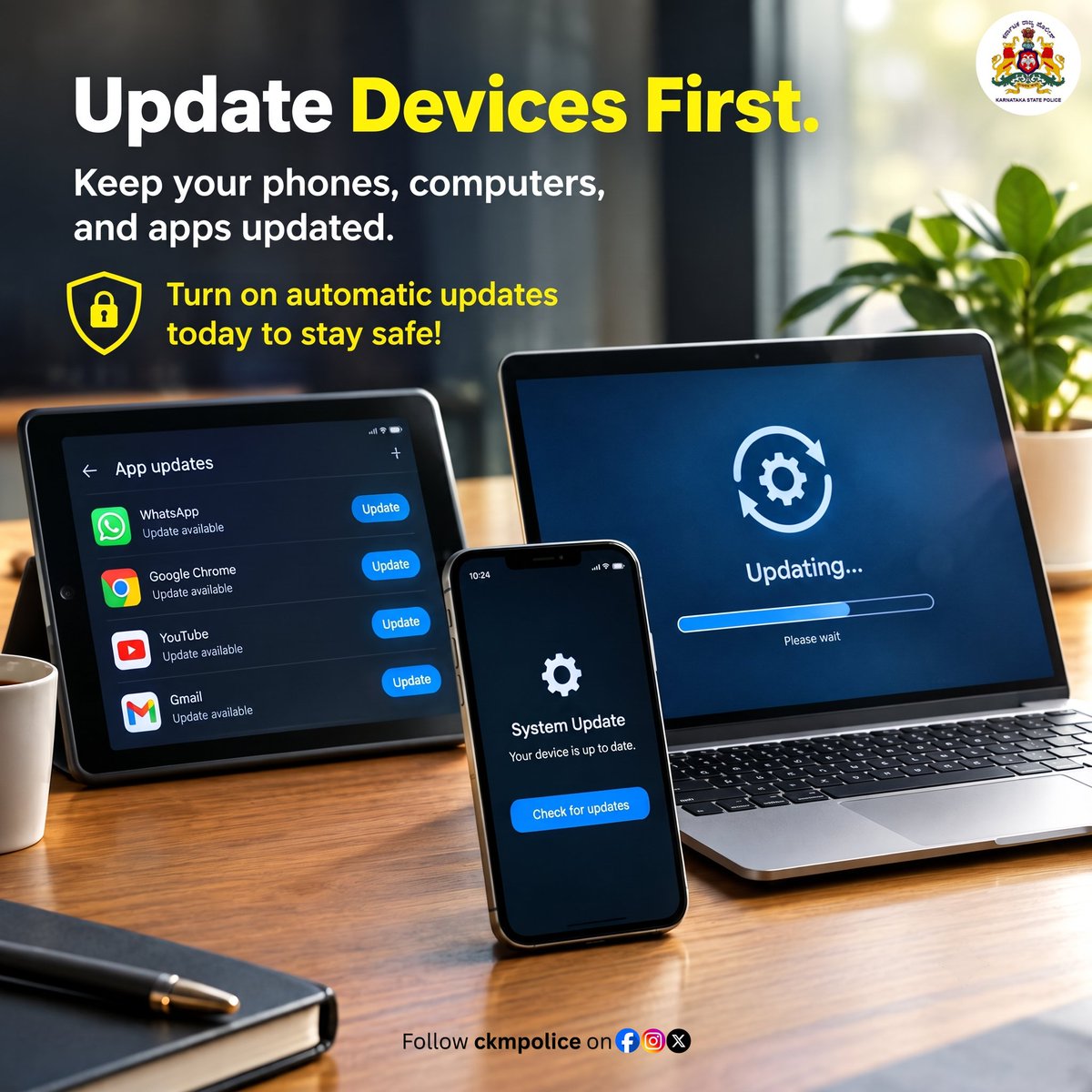 ckmpolice's tweet photo. Keep your entire digital workspace safe and secure. Make sure your devices and software are up to date! 🔒💻📱
#CyberSecurityTips #SecureYourDevices #DigitalSecurity #StaySecure #TechTrends
@DgpKarnataka @Rangepol_WR @KarnatakaCops https://t.co/A7X79Lcbvy