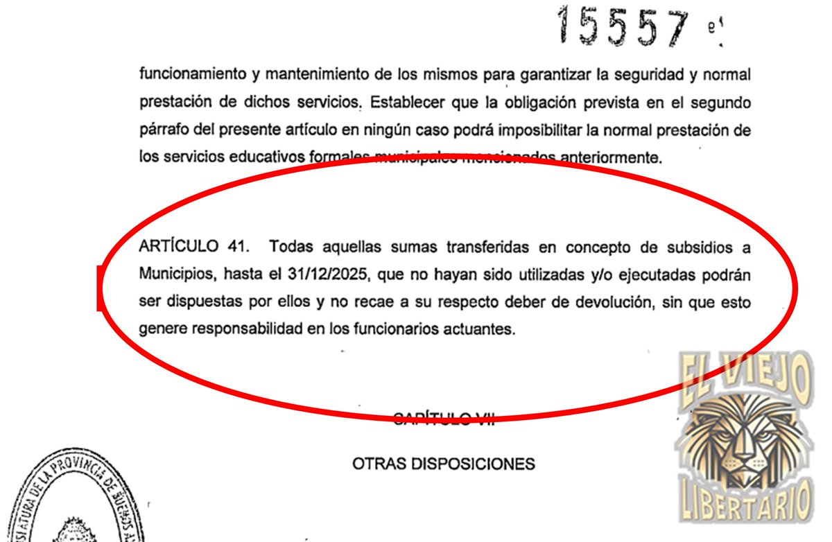 ViejoLibertario's tweet photo. NO LO VAS A VER EN LOS MEDIOS.

Los medios que reciben pauta de la Provincia de Buenos Aires no te van a contar esta maniobra por la que deja una puerta abierta para el desvío de fondos públicos.

Este diálogo es hipotético, pero según el Presupuesto de la Provincia, totalmente "LEGAL".

- Hola Gobernador.
- Hola Intendente, ¿cómo le va?
- Todo bien, pero necesito platita.
- ¿Para qué? 
- Y... usted sabe, la política no es gratis.
- Pero no puedo transferir así nomás, necesito un motivo.
- No sé, ese es su problema.
- Hagamos esto: Pídame un subsidio por algún motivo noble, gaste menos, o nada, y lo que sobre, se lo queda.
- ¿No lo tengo que devolver?
- No amigo, se lo queda y lo gasta como quiera.
- ¿Se puede hacer eso?
- Sí, está en artículo 41 del Presupuesto.
- ¿Nadie se avivó de eso?
- Sí, El Viejo Libertario, pero nadie le da bola.

Saludos
Hugo Villada (EVL)

(Así como está esta puerta abierta para el desvío, hay muchas otras, además el presupuesto 2027 aun no se presentó y probablemente quieran prorrogar este mismo)