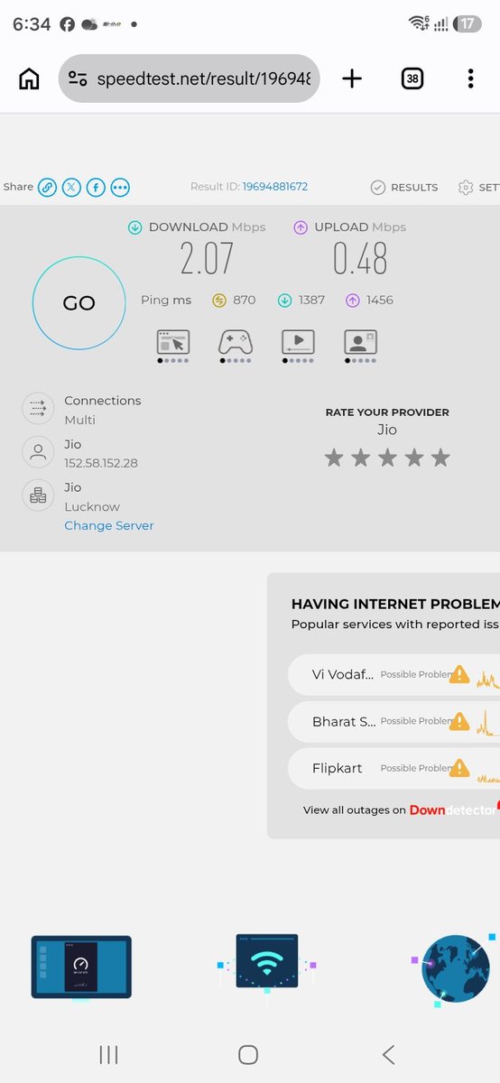 ravi2009karan's tweet photo. @JioCare
This is the speed i am getting with repeated customer care conversations and some one visting site issue remains the same. Person visted said no internet in air  , issues is since a few days . I am fedup, and sick of this now seriously considering airtel , https://t.co/6Lg8YcMrt4