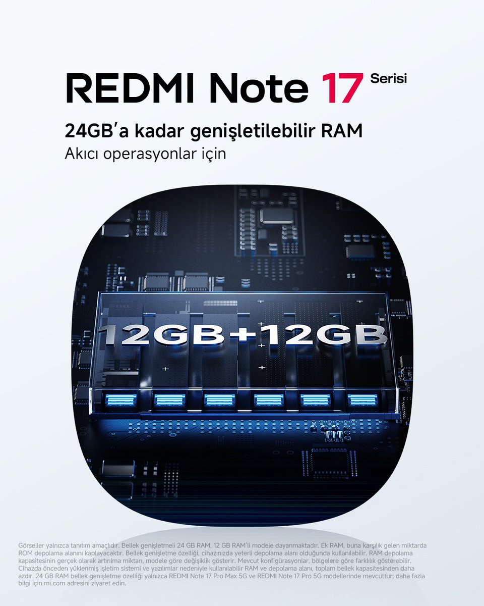 XiaomiTurkiye's tweet photo. Bugün akıcı. Yarın da akıcı. ⚡

24 GB’a kadar RAM ve Bellek Genişletme özelliğiyle #REDMINote17Serisi, uygulamalar arasında geçişten içerik tüketimine kadar akıcı bir deneyim için geliyor.

Çok yakında. https://t.co/OaP6BDxrZN