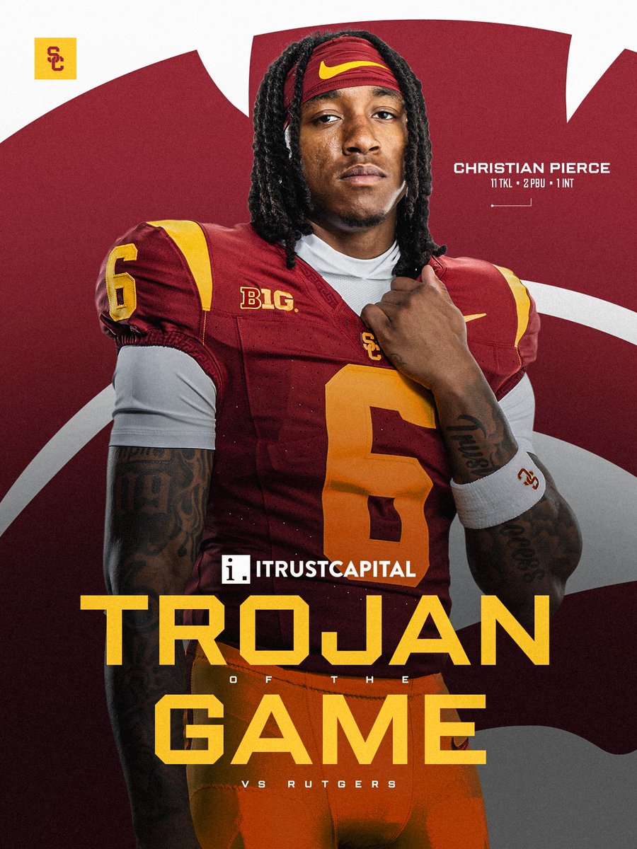 USC_Athletics's tweet photo. The Trojan Family voted safety Christian Pierce the @iTrustCapital Trojan of the Game after a career-high 11 tackles and an impressive one-handed interception at Rutgers ✌️ https://t.co/R5c7QQ5bh8