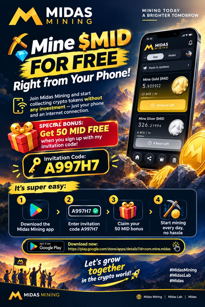 karimawatn's tweet photo. βοΈπ Get 50 FREE $MID!
Start mining with Midas Mining directly from your phone. π±π
π Use invite code: A997H7
π² Download:
https://t.co/r0PdSMiHpL
Join the community and start mining today! πβοΈ
#MidasMining #MID https://t.co/rkBepUJo6O