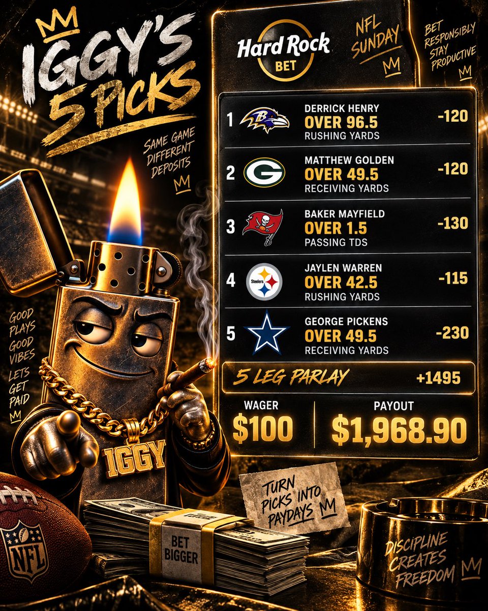 IgnitorBets's tweet photo. 🔥 IGGY’S NFL SUNDAY 5-LEG 🔥

👑 Henry O96.5 Rush Yds
🧀 Golden O49.5 Rec Yds
🏴‍☠️ Mayfield O1.5 Pass TDs
💪 Warren O42.5 Rush Yds
⭐ Pickens O49.5 Rec Yds

Sunday. Five plays. One mission. 🔥

#NFL #NFLBets #NFLProps #SportsBetting #SundayFootball #IggyPicks #Parlay https://t.co/O6wLR50xa9
