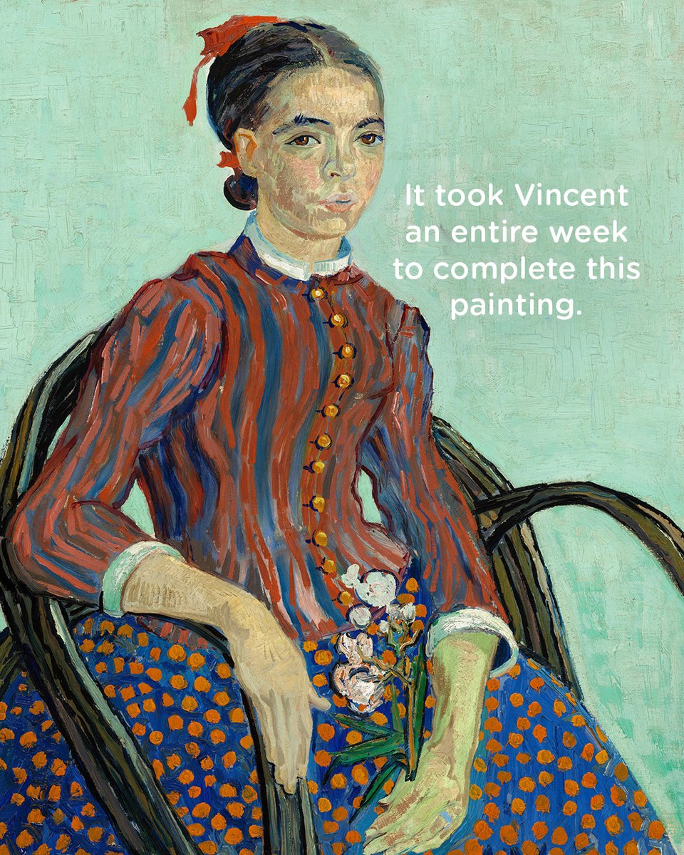 vangoghmuseum's tweet photo. On 29 July 1888, Van Gogh wrote to his brother Theo about this painting of a young girl in Arles. He explained: ‘It took me my whole week (...). But in order to finish off my mousmé I had to save my mental powers.’

In the novel ‘Madame Chrysanthème’ by Pierre Loti, ‘mousmé’ refers to a young Japanese girl. Van Gogh had read the novel and, like many artists of his time, was fascinated by Japanese art and culture. This portrait was inspired by the character in the book.

🖼️ ‘La Mousmé Sitting’, 1888 © National Gallery of Art, Washington, D.C.
